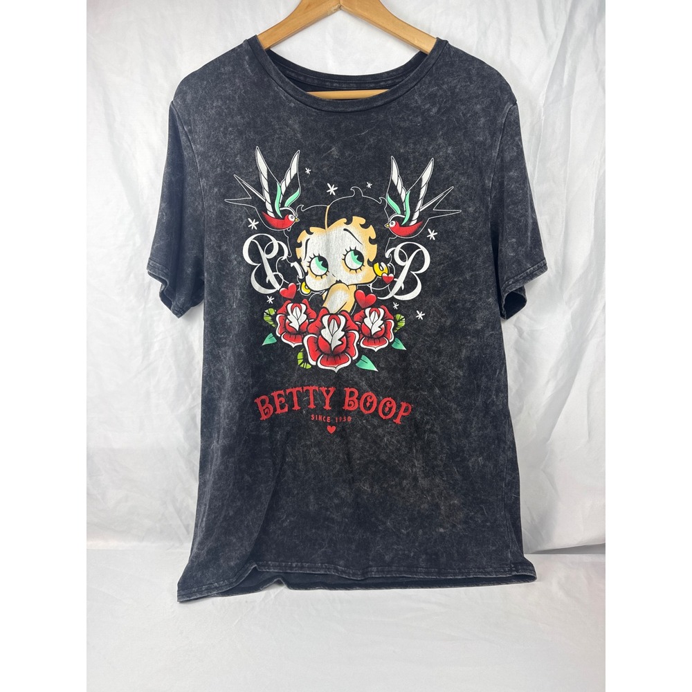 Betty Boop Graphic Tee Acid Wash Black Size L Roses‎ Swallow Birds